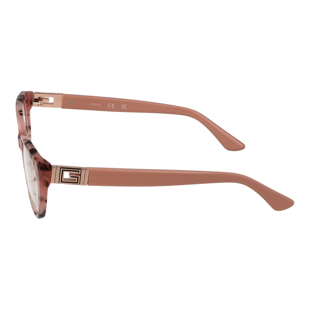 Guess Pink Women Glasses Frame in full-rim rose cat eye style with plastic lenses and temples, featuring branded detailing on the temples.