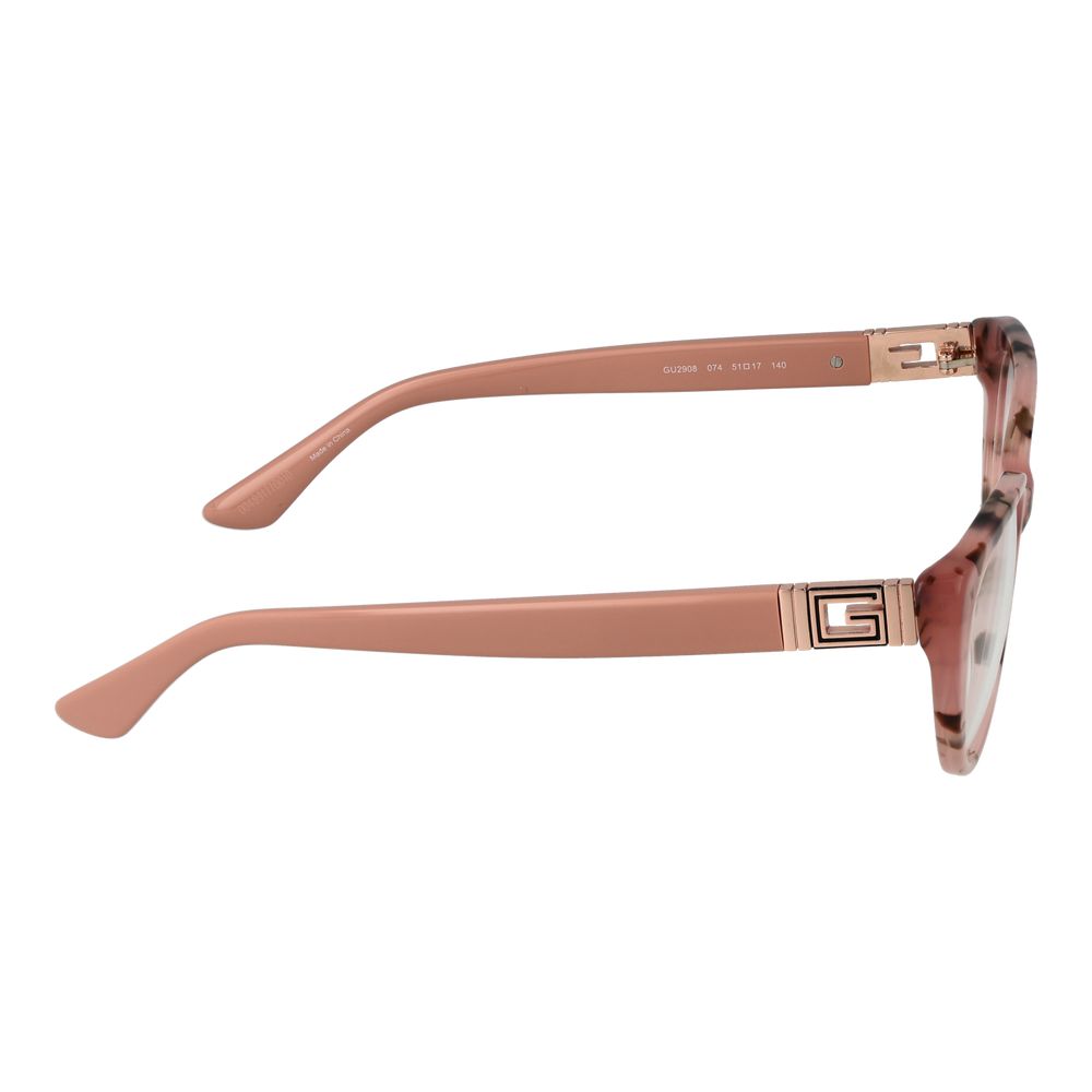 Guess Pink Women Glasses Frame with rose full-rim cat eye style, plastic material, temples length 140mm, and branded case.