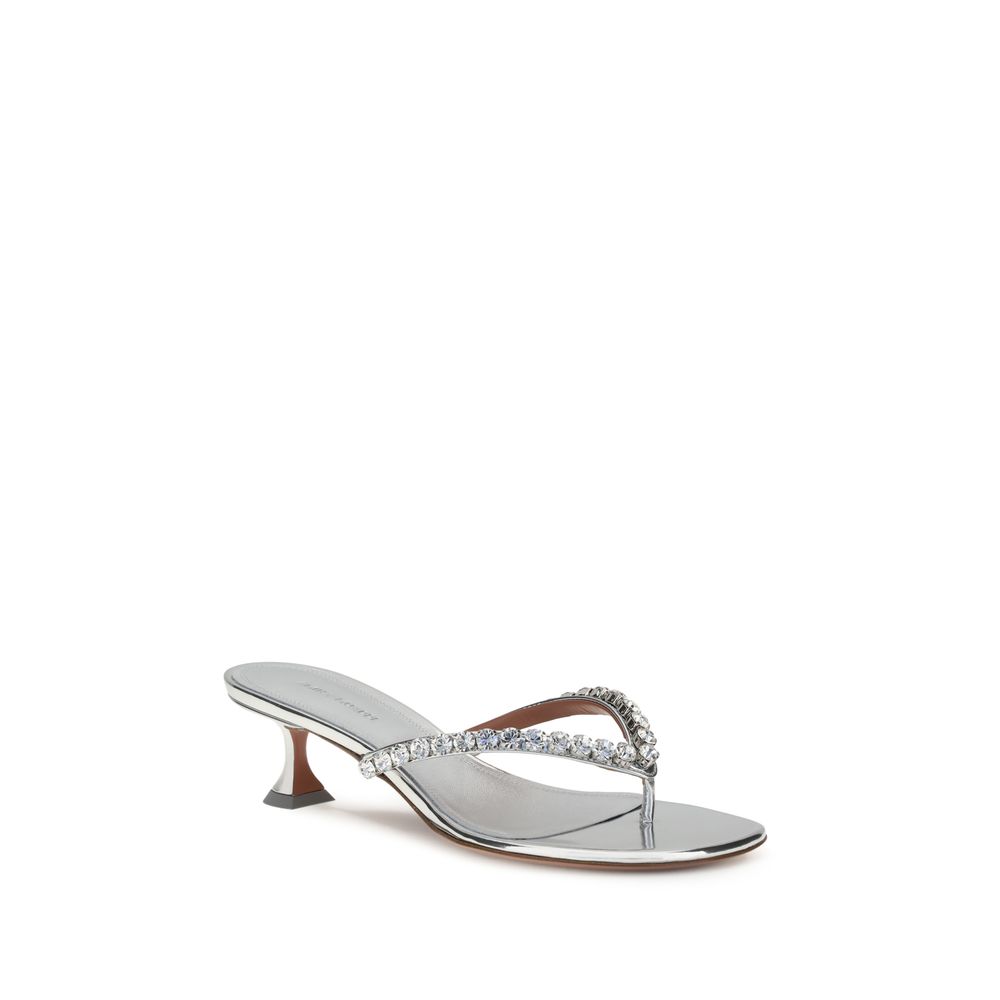 Amina Muaddi Silver Calf Leather Bos Taurus Stiletto Heel Sandals