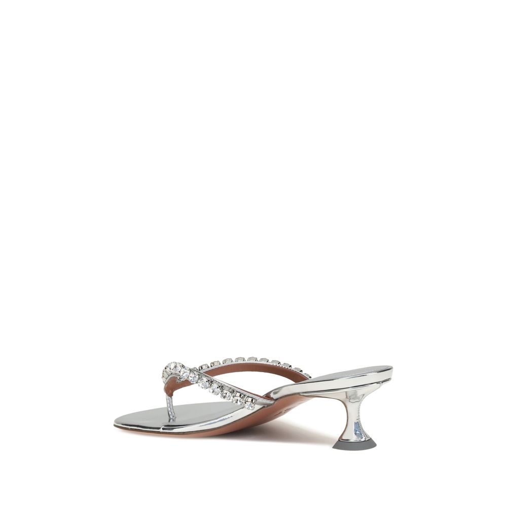 Amina Muaddi Silver Calf Leather Bos Taurus Stiletto Heel Sandals
