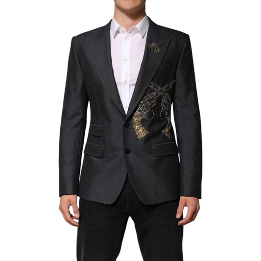 Dolce & Gabbana Dark Gray Bee Embroidery Wool Coat Blazer