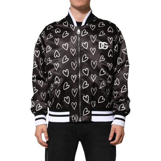 Dolce & Gabbana Black Polyester Heart Print Bomber Jacket