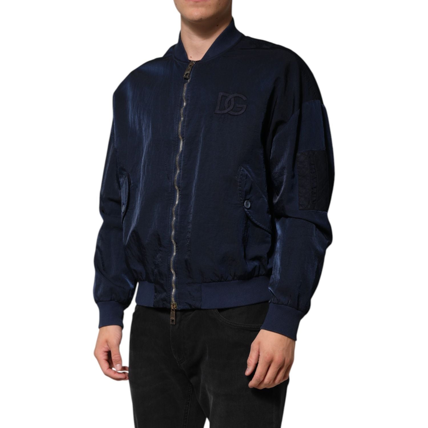 Dolce & Gabbana Blue Nylon DG Embroidery Men Bomber Jacket