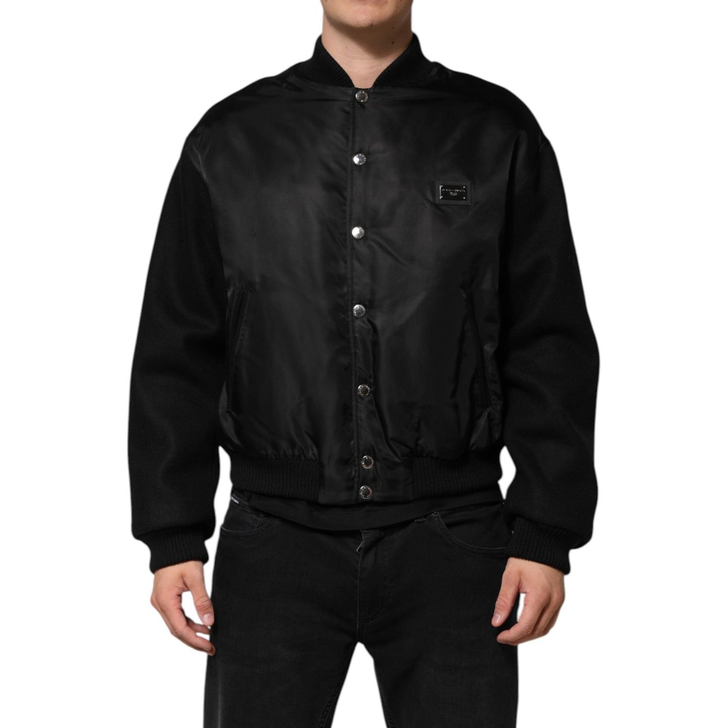 Dolce & Gabbana Black Polyester Logo Plaque Bomber Jacket