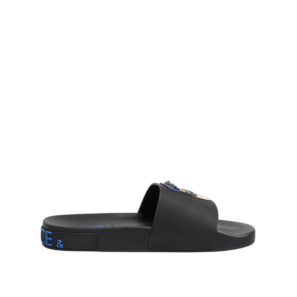 Dolce & Gabbana Black Leather Slides Flats Beachwear Shoes