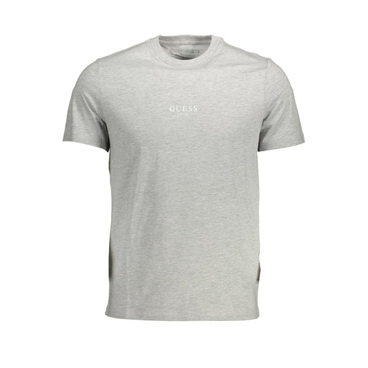 Guess Jeans Gray Cotton Men T-Shirt, slim fit crew neck with logo print, eco-conscious and stylish option for men.