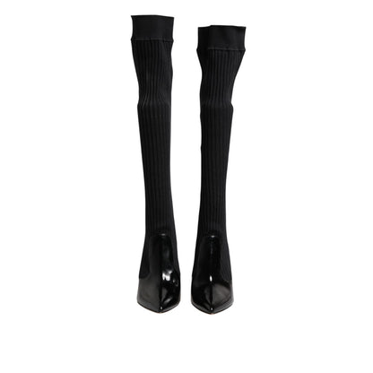Dolce & Gabbana Black Leather Ribbed Knit Knee Boots Shoes