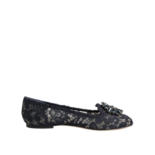 Dolce & Gabbana Blue Taormina Lace Crystals Flats Shoes LA12405-34