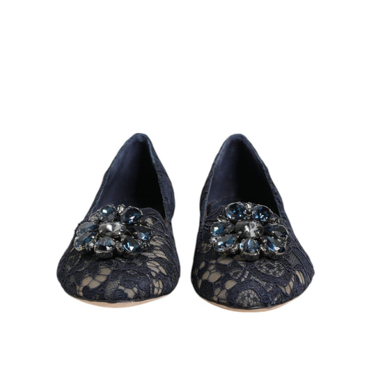 Dolce & Gabbana Blue Taormina Lace Crystals Flats Shoes LA12803-36.5