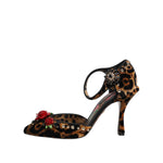 Dolce & Gabbana Brown Leopard Crystal Roses Pumps Shoes