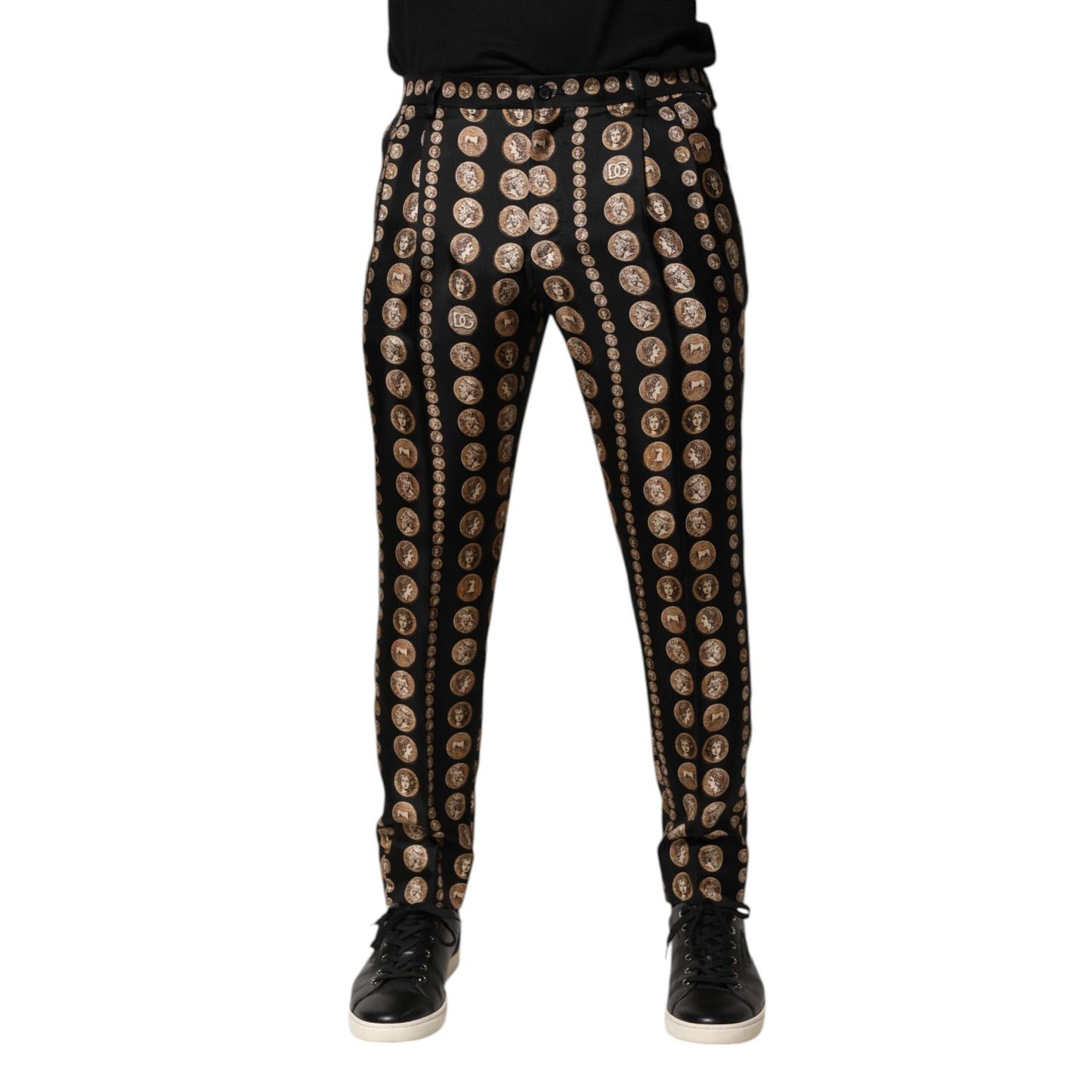 Dolce & Gabbana Black Coin Print Silk Skinny Men Trouser Pants