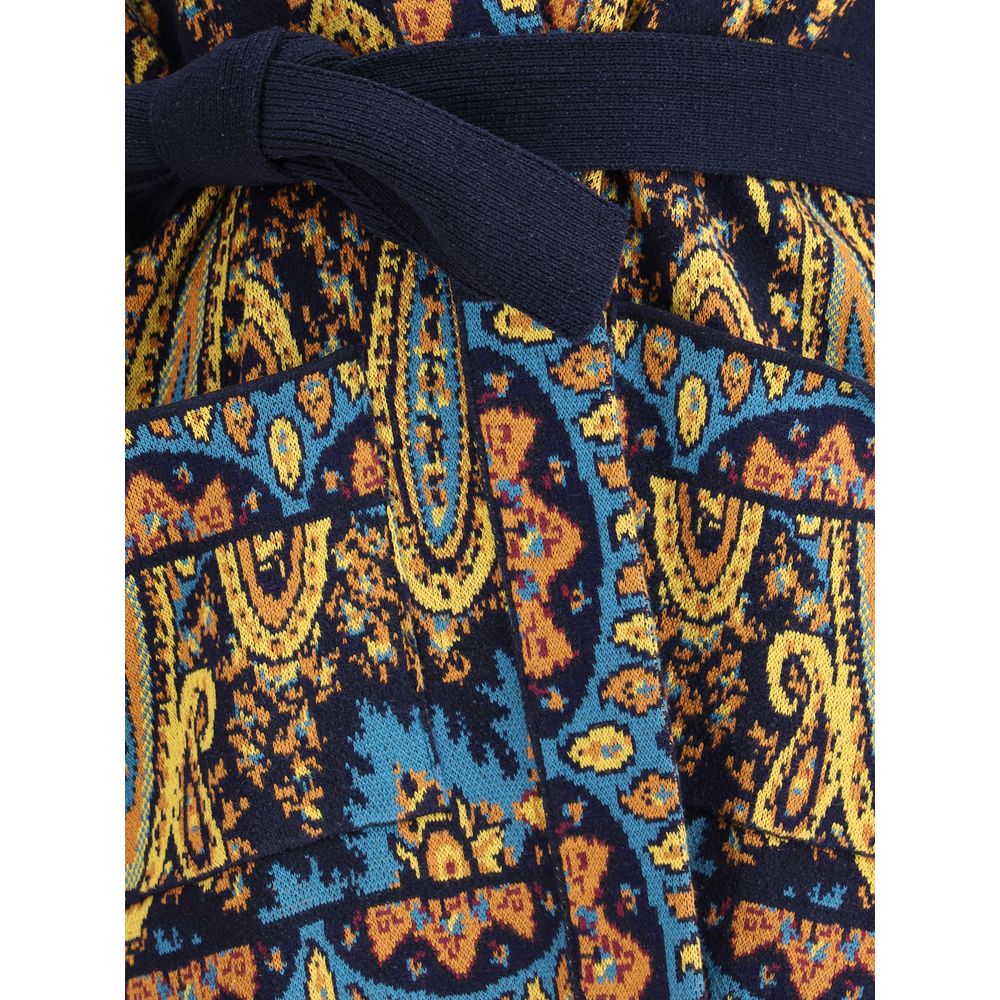 Close-up of Etro Multicolor Cotton Cardigan showcasing intricate colorful pattern and waist sash, perfect for autumn-winter fashion elegance.