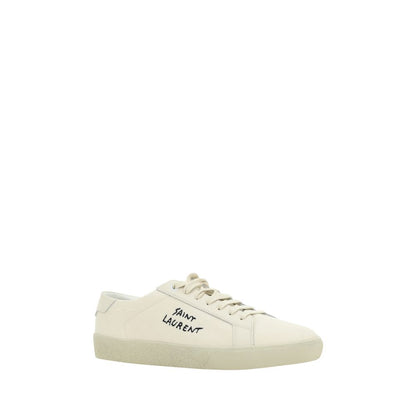 Saint Laurent White Rubber Low Top Sneakers with cotton upper, round toe, and embroidered logo on side panel.