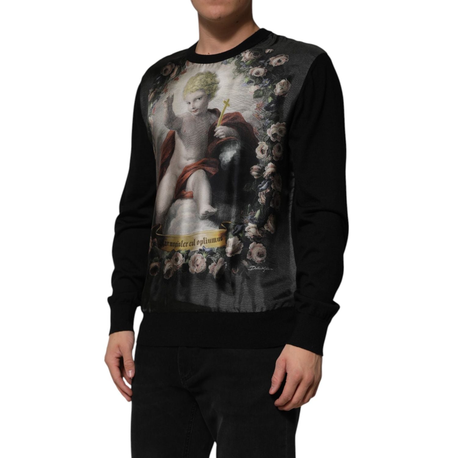 Dolce & Gabbana Black Cashmere Cherub Print Baroque Sweater