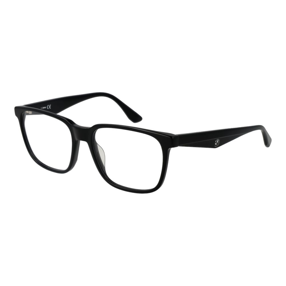 BMW Black Men Glasses Frame with full-rim acetate, rectangular design, demo lenses in black color, size 55-17-145, includes branded case.