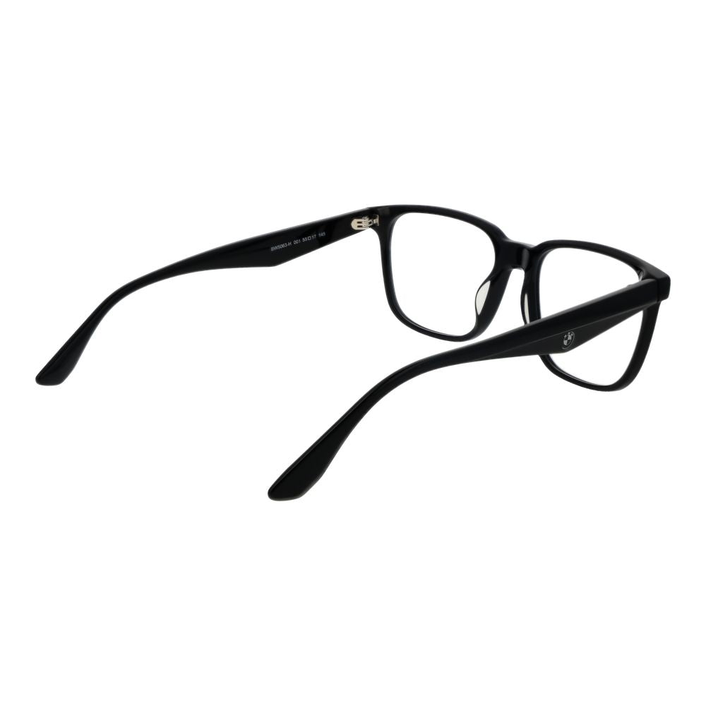 BMW Black Men Glasses Frame in acetate with full-rim rectangular design and demo lenses, including branded case.