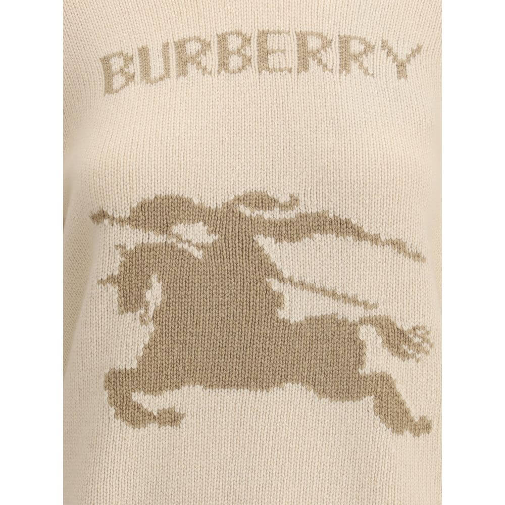 Burberry Beige Wool Cashmere Sweater with logo and Equestrian Knight design, featuring ribbed trims, AW25 collection.