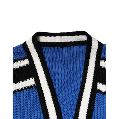 Dolce & Gabbana Blue Cotton Logo Patch Ribbed Knit Cardigan Sweater