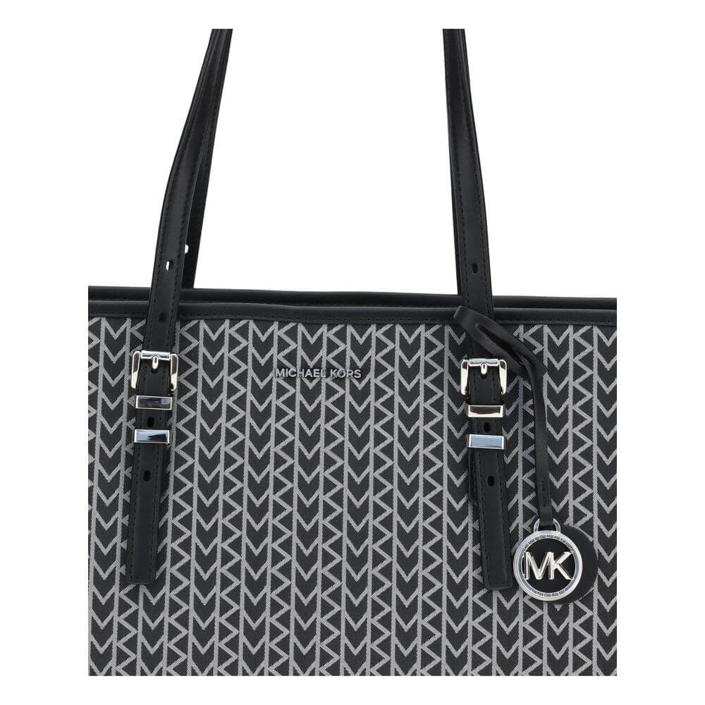 Michael Kors Black Polyester Shoulder Bag with logo pattern and adjustable leather straps, perfect for versatile and elegant occasions.