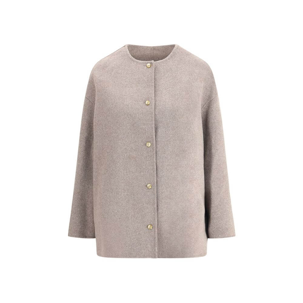 Loulou De Saison Gray Wool Coat with minimalist design, crew neck, and button closure. Perfect mid-season wear made from 90% wool, 10% Kashmir.