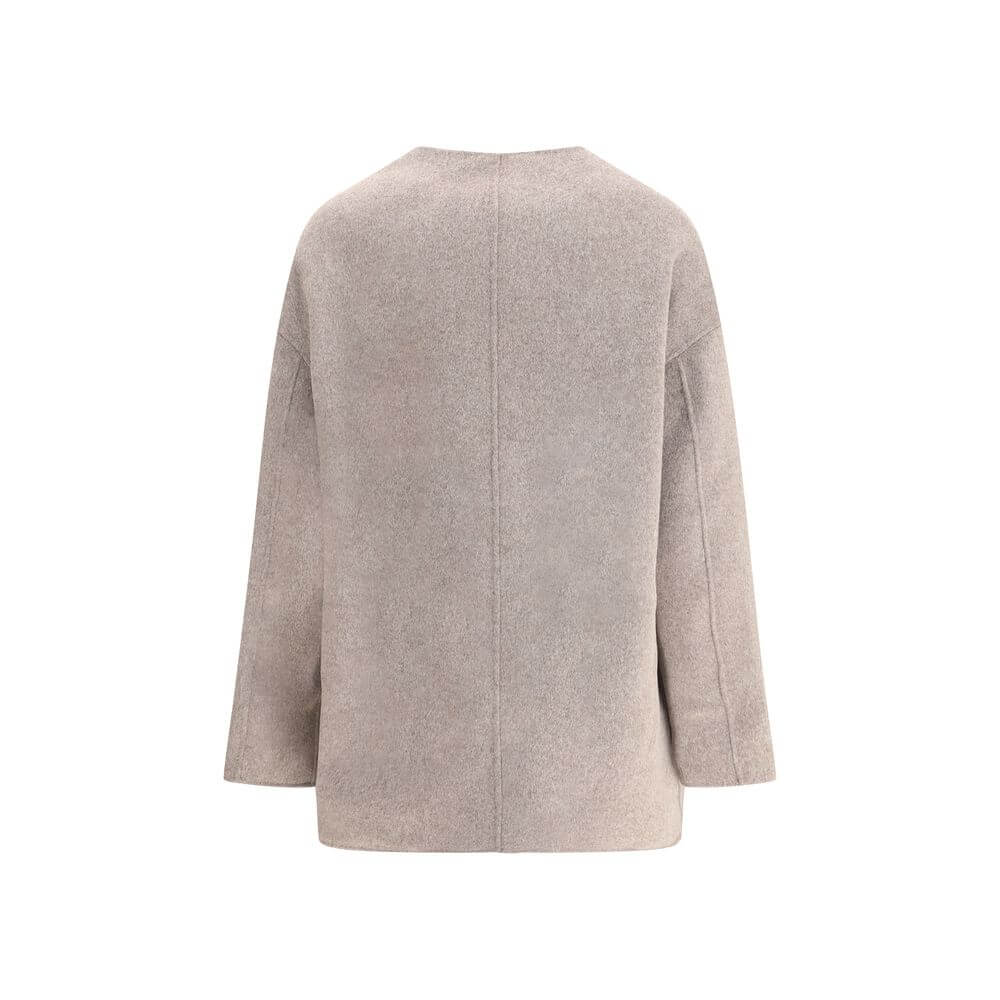 Back view of Loulou De Saison Gray Wool Coat with minimalist design and crew neck, featuring unlined, lightweight fit ideal for AW25 season.