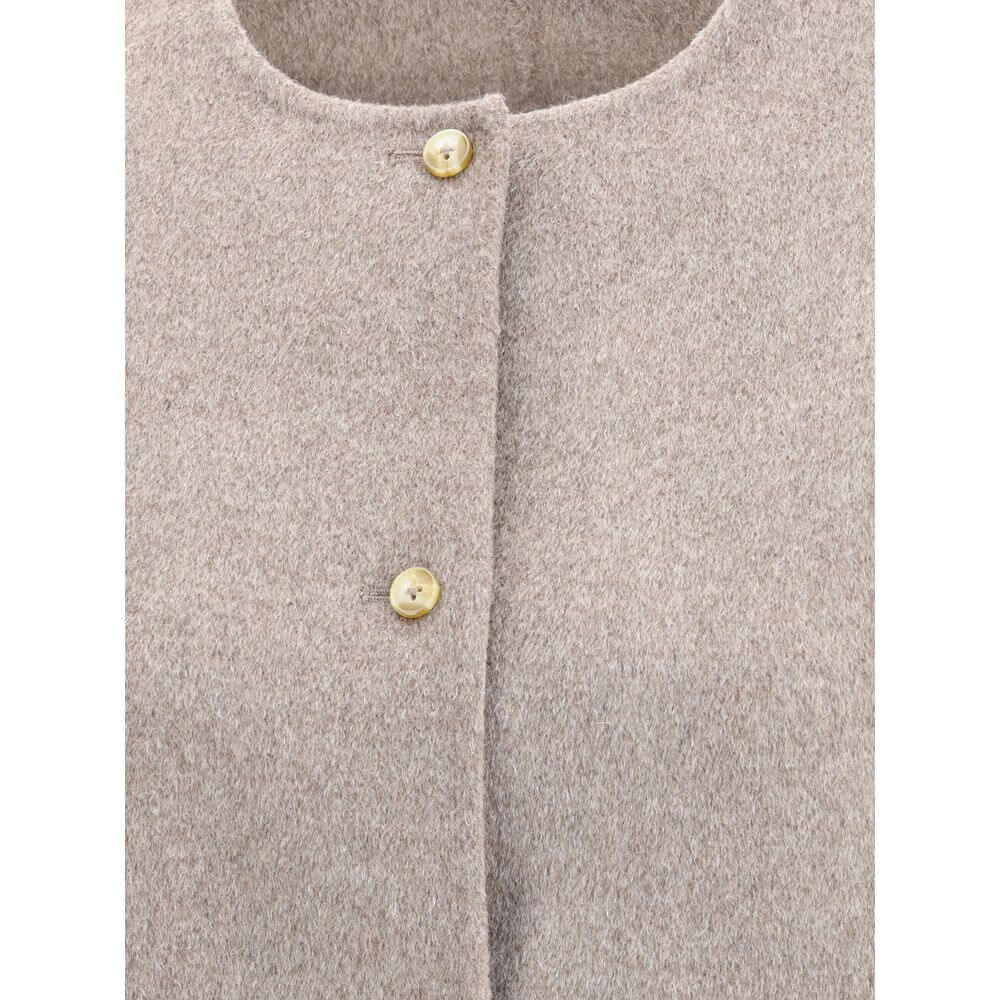 Close-up of Loulou De Saison Gray Wool Coat with button closure and crew neck, highlighting the minimalist design and texture.