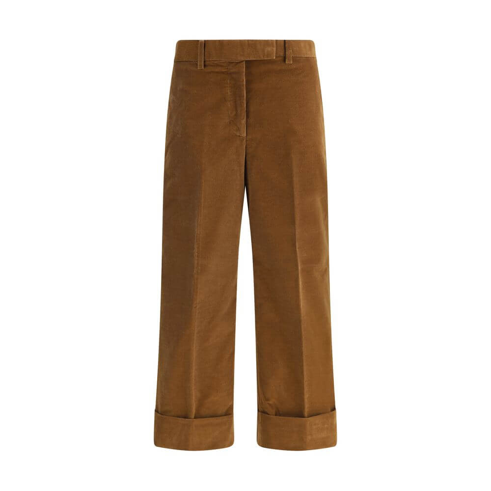 Thom Browne Brown Cotton Casual Pants with corduroy texture, tricolor applique band, and turned-up hems for a contemporary look