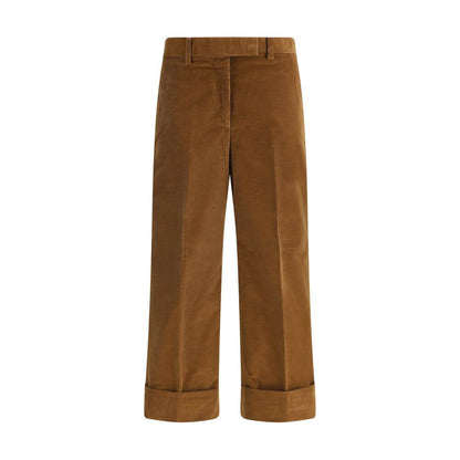 Thom Browne Brown Cotton Casual Pants with corduroy texture, tricolor applique band, and turned-up hems for a contemporary look