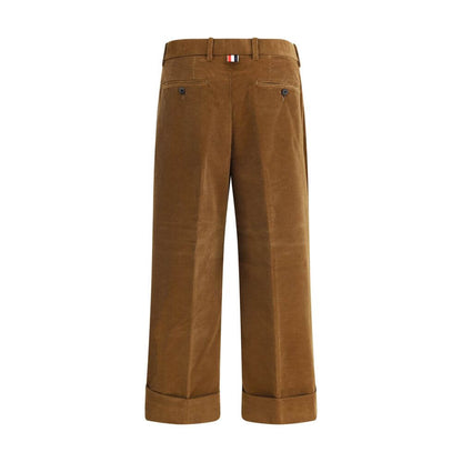 Thom Browne Brown Cotton Casual Pants with tricolor applique, straight leg, turned-up hems, and front zipper closure.