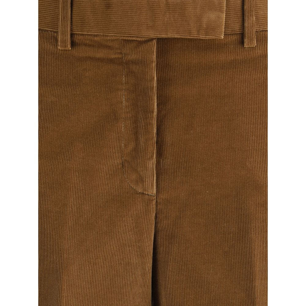Close-up of Thom Browne Brown Cotton Casual Pants showcasing front zipper and fine corduroy texture.