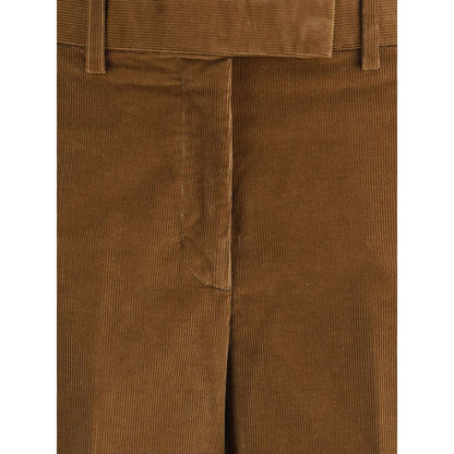 Close-up of Thom Browne Brown Cotton Casual Pants showcasing front zipper and fine corduroy texture.