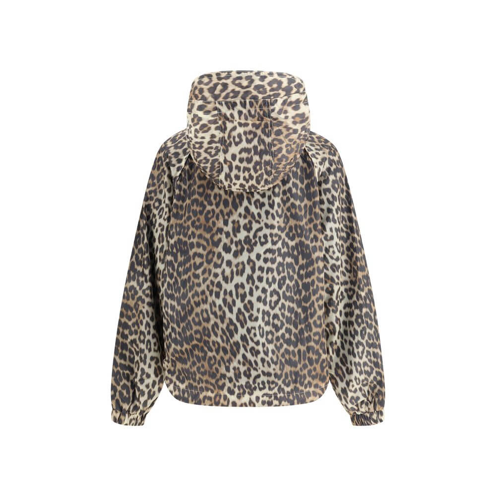 Back view of Ganni Multicolor Nylon Rain Coat with leopard print and hood.