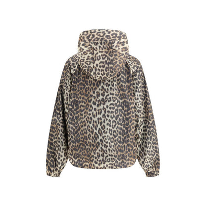 Back view of Ganni Multicolor Nylon Rain Coat with leopard print and hood.