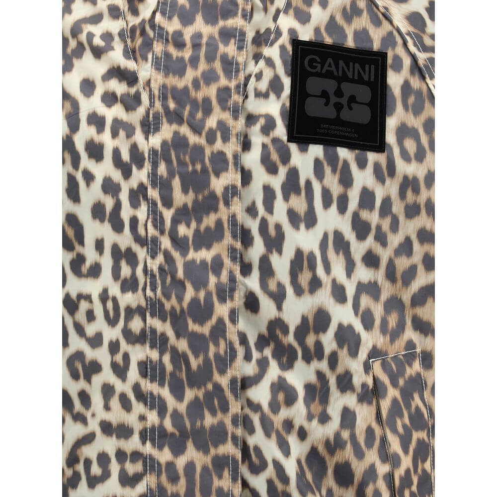 Ganni Multicolor Nylon Rain Coat with leopard print and GANNI logo, showcasing vibrant animal motif and urban style for AW25 season.