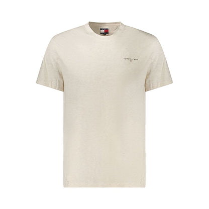 Tommy Hilfiger Beige Cotton Men T-Shirt with crew neck and logo, short sleeves, made from sustainable regenerative cotton fabric.