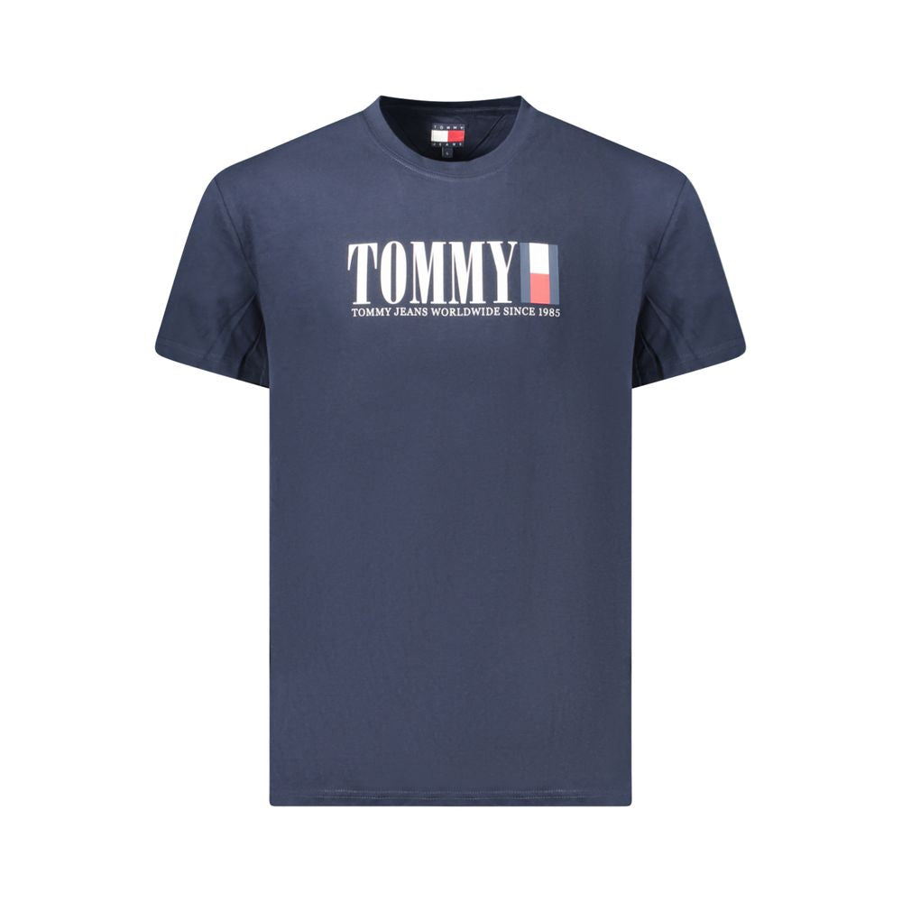 Tommy Hilfiger Blue Cotton Men T-Shirt featuring crew neck and iconic logo, made from sustainable regenerative cotton for style and comfort.