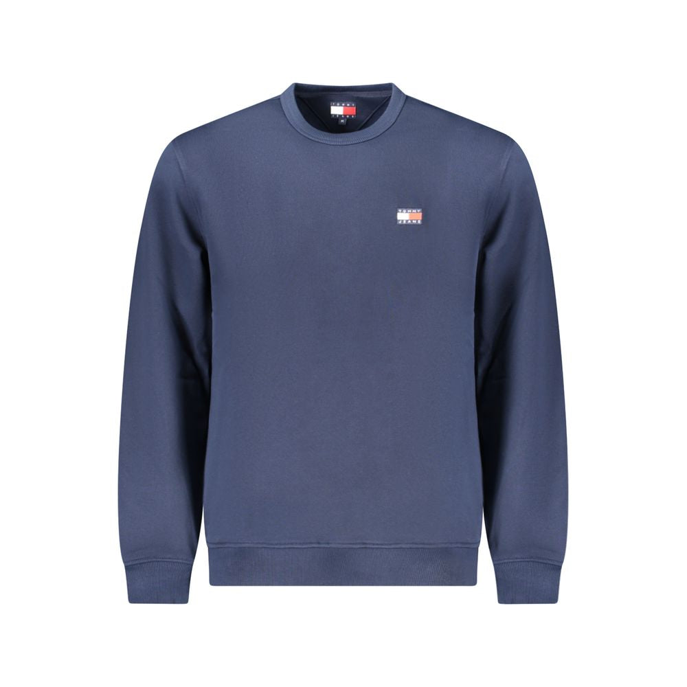 Tommy Hilfiger Blue Cotton Men Sweater with iconic logo applique, crew neck design, sustainable 95% cotton, classic casual style.