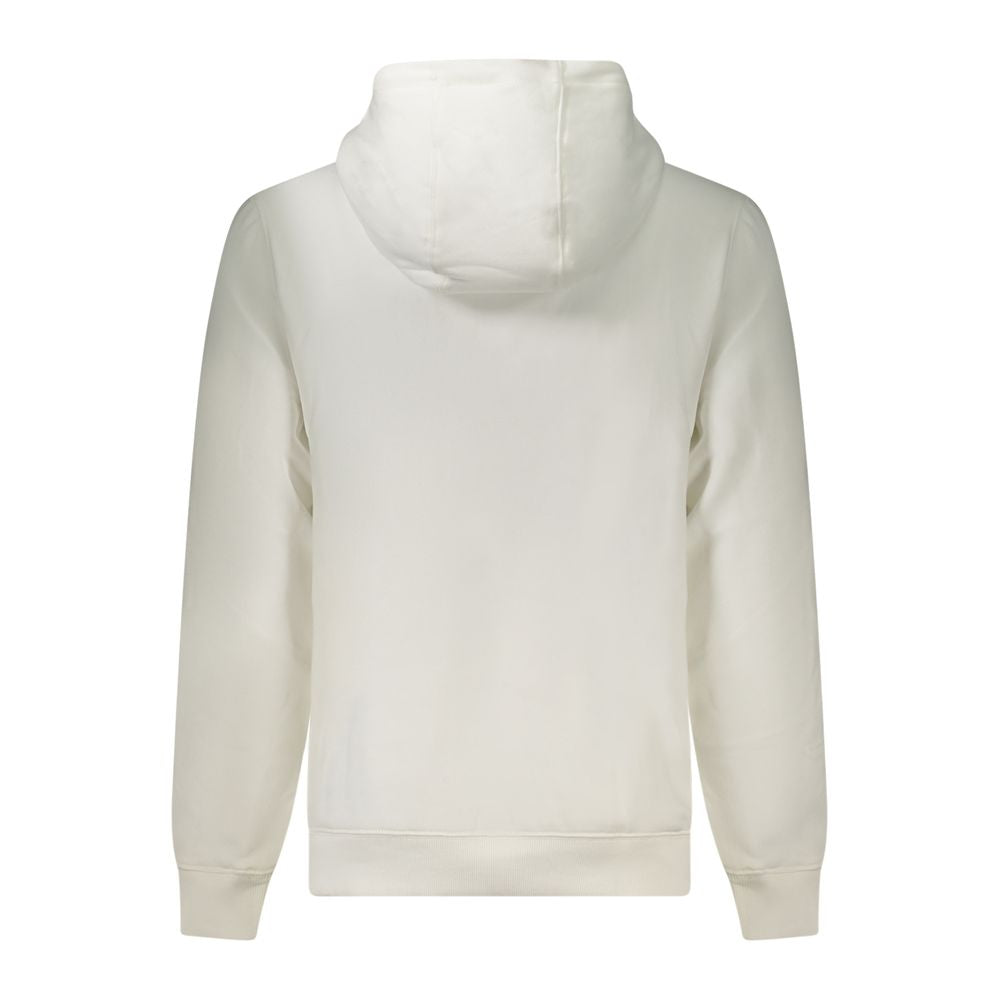 Back view of Tommy Hilfiger White Cotton Men Sweater showcasing hood and long sleeves, crafted with cotton blend for comfortable fit.