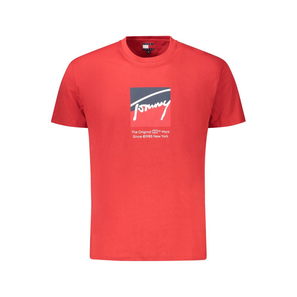 Tommy Hilfiger Red Cotton Men T-Shirt with iconic logo on front, made from 95% regenerative cotton for sustainable fashion.
