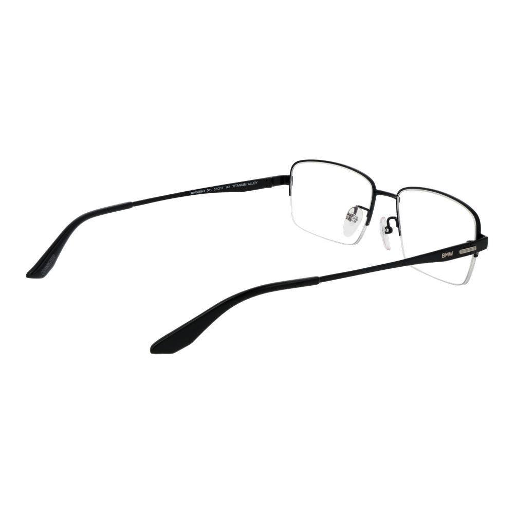 BMW Black Men Glasses Frame, titanium half-rim rectangle design, black color, demo lenses, size 57-17-145, includes branded case.