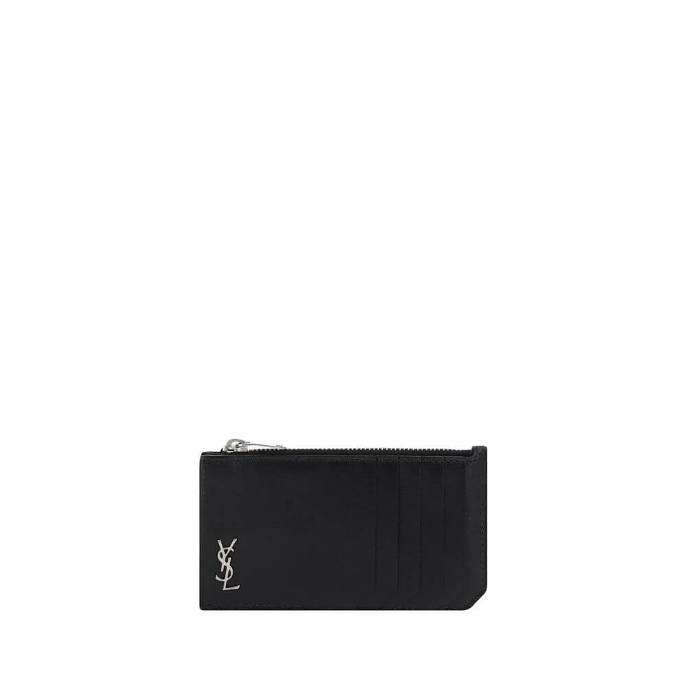 Saint Laurent Black Calf Leather Bos Taurus Wallet with YSL logo, card slot, and top zipper closure, made in Italy.