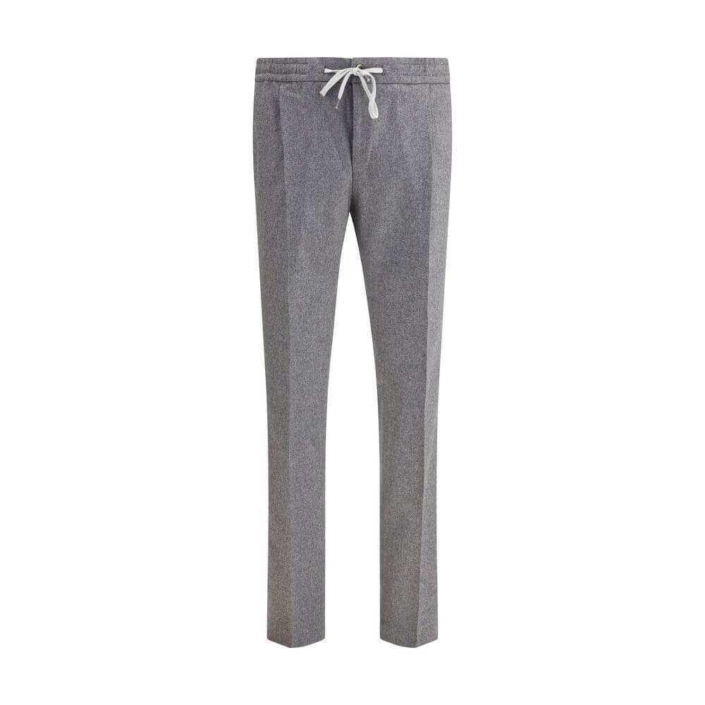 PT Torino Gray Fleece Wool Casual Pants with elastic waistband and straight leg, featuring side and back pockets. Made in Italy.