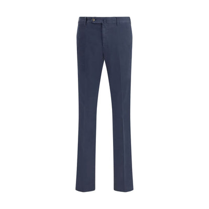 PT Torino Blue Cotton Casual Pants with front button, zipper closure, side and welt pockets. Regular fit, suitable for casual or formal.