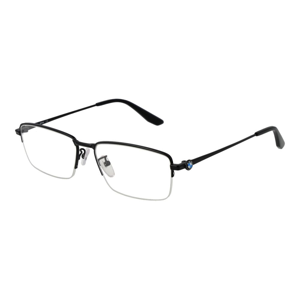 BMW Black Men Glasses Frame, rectangle style with metal half-rim in black, demo lenses, size 56-16-150, includes branded case.