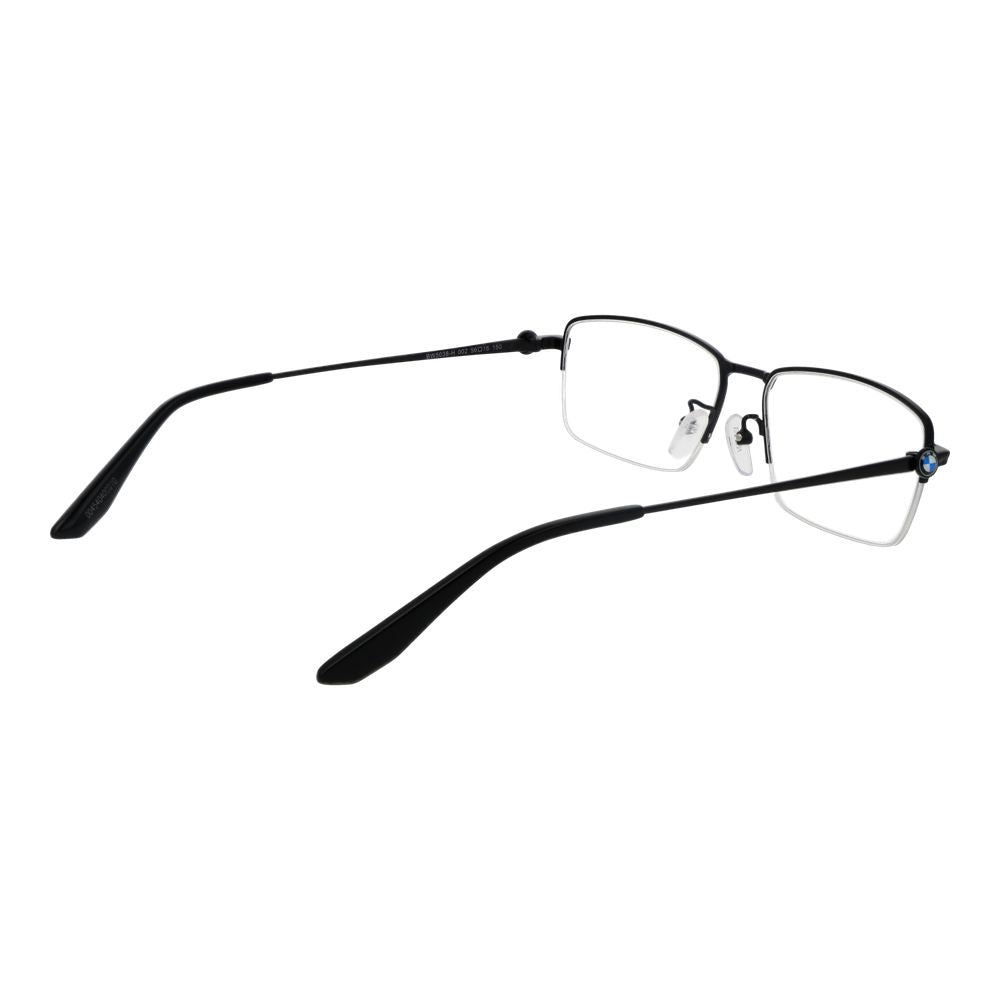 BMW Black Men Glasses Frame, metal half-rim with demo lenses; sleek rectangle style with black finish, size 56-16-150.