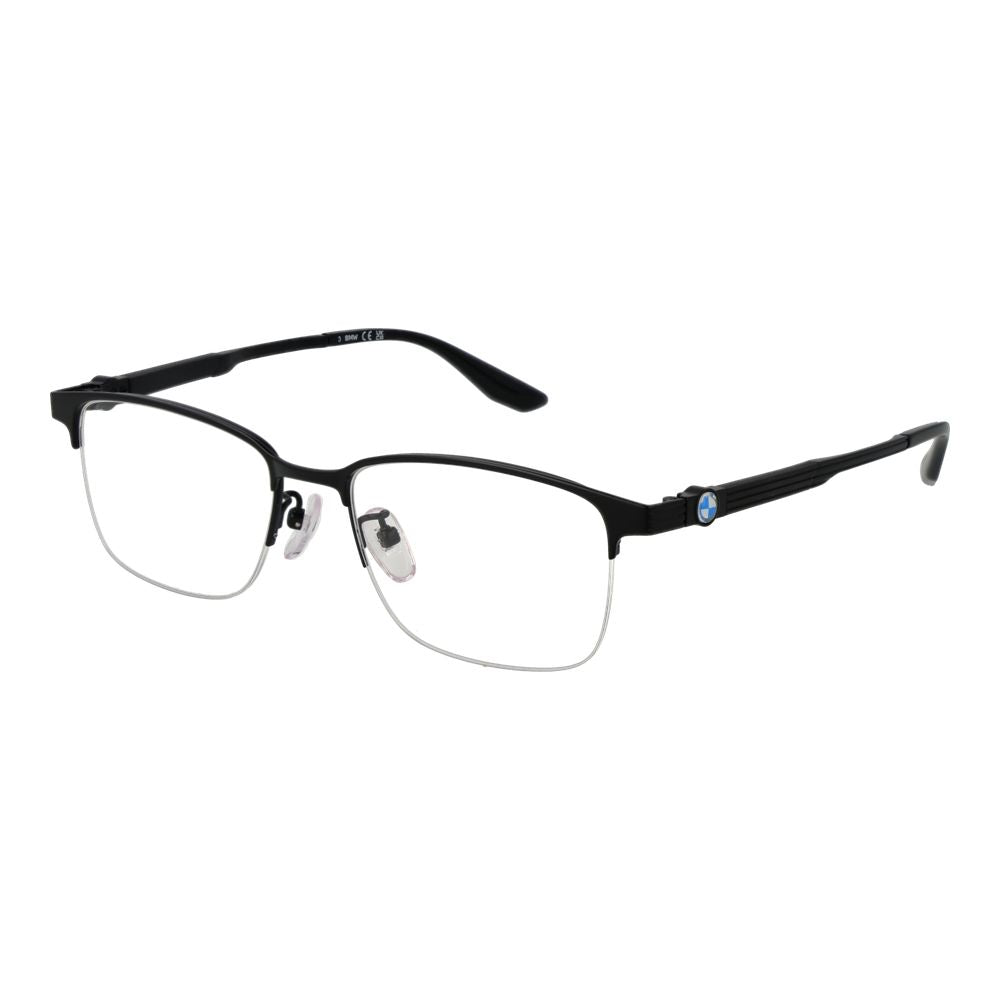 BMW Black Men Glasses Frame in titanium half-rim style with demo lenses, rectangular design, includes branded case, perfect for men.