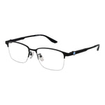 BMW Black Men Glasses Frame in titanium half-rim style with demo lenses, rectangular design, includes branded case, perfect for men.