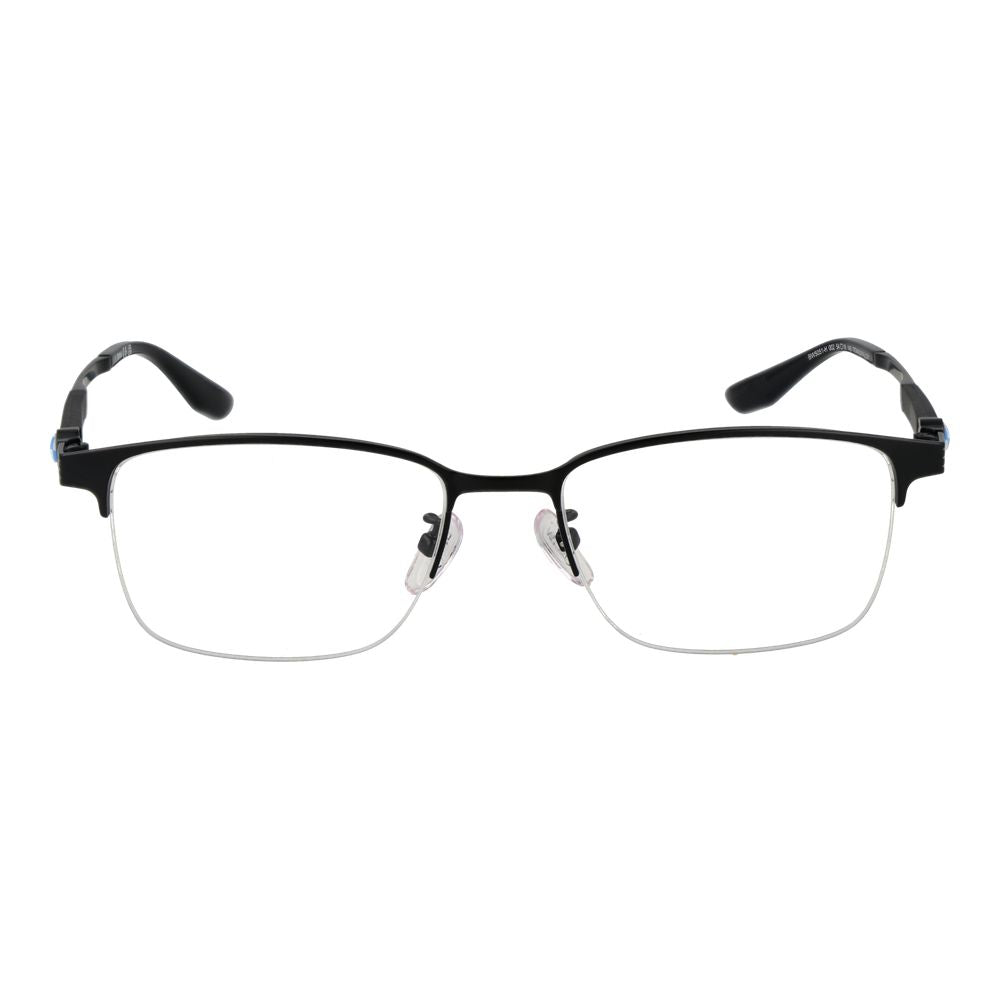 BMW Black Men Glasses Frame, black half-rim rectangle glasses with titanium build, 54-18-145 size, includes branded case.