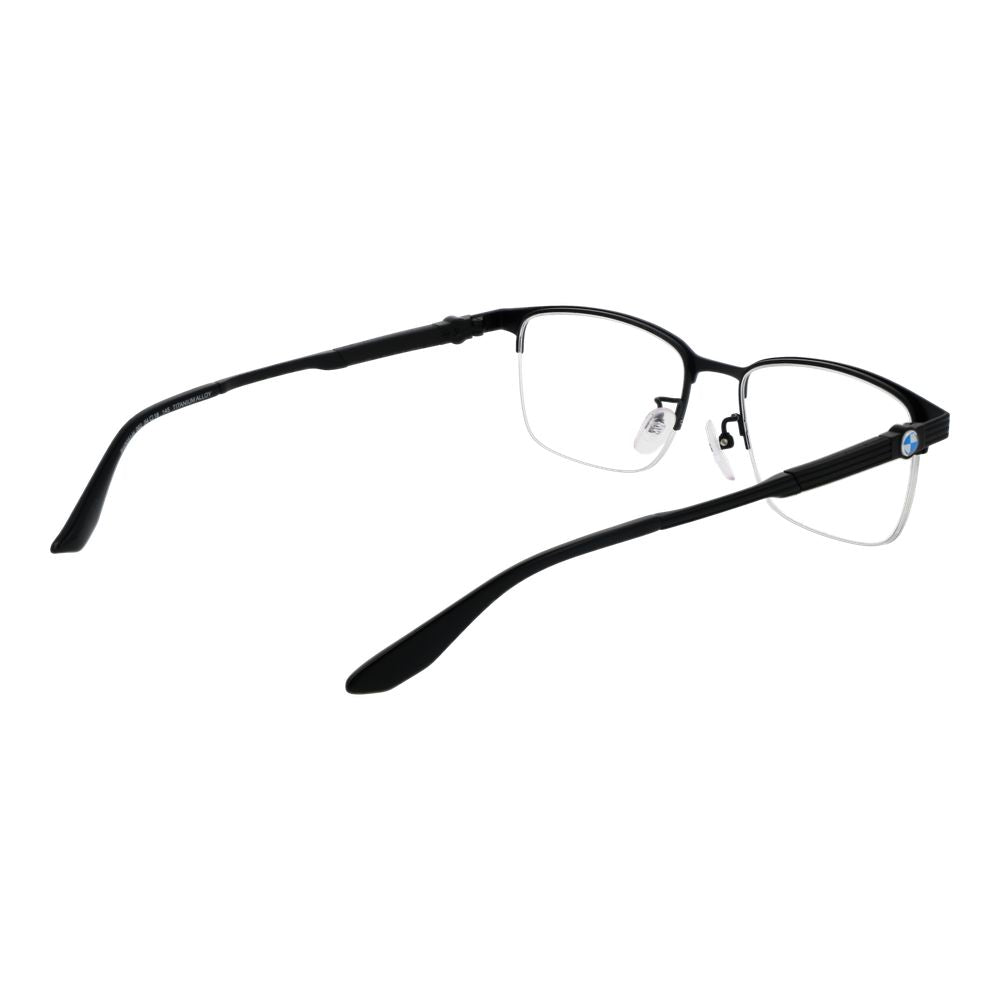 BMW Black Men Glasses Frame, half-rim titanium design, rectangle shape with demo lenses, includes branded case, size 54-18-145.