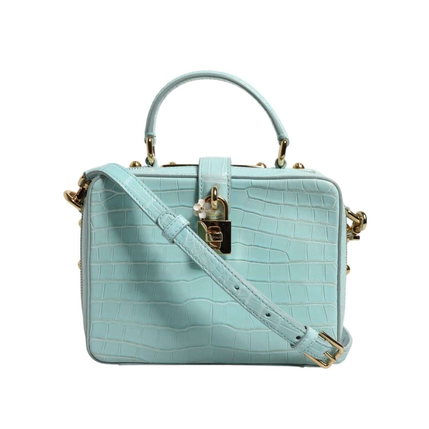 Dolce & Gabbana Mint Green Embossed Leather Padlock Shoulder Bag with gold hardware and adjustable strap.